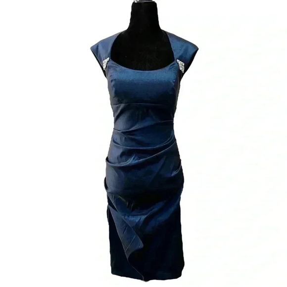 BA Nites Cocktail Party Dress Evening Bodycon Midi Ruched Blue Satin Size 4 - Picture 1 of 16